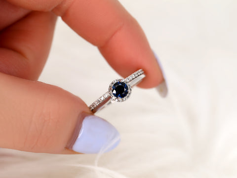 0.52ct Ready to Ship Amerie & Amanda 14k White Gold Blue Sapphire Diamond Dainty Round Halo Bridal Set - Rosados Box