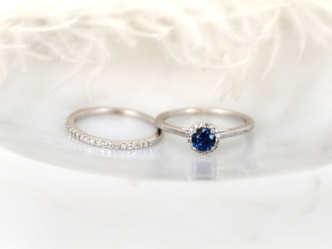 0.52ct Ready to Ship Amerie & Amanda 14k White Gold Blue Sapphire Diamond Dainty Round Halo Bridal Set - Rosados Box