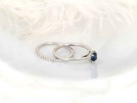 0.52ct Ready to Ship Amerie & Amanda 14k White Gold Blue Sapphire Diamond Dainty Round Halo Bridal Set - Rosados Box