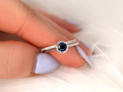 0.52ct Ready to Ship Amerie & Amanda 14k White Gold Blue Sapphire Diamond Dainty Round Halo Bridal Set - Rosados Box