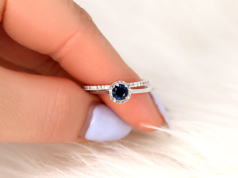 0.52ct Ready to Ship Amerie & Amanda 14k White Gold Blue Sapphire Diamond Dainty Round Halo Bridal Set - Rosados Box