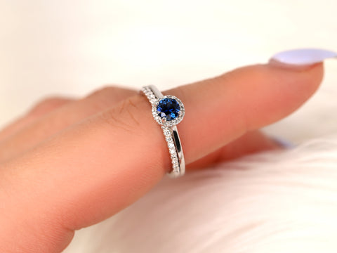 0.52ct Ready to Ship Amerie & Amanda 14k White Gold Blue Sapphire Diamond Dainty Round Halo Bridal Set - Rosados Box