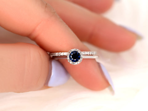 0.52ct Ready to Ship Amerie & Amanda 14k White Gold Blue Sapphire Diamond Dainty Round Halo Bridal Set - Rosados Box