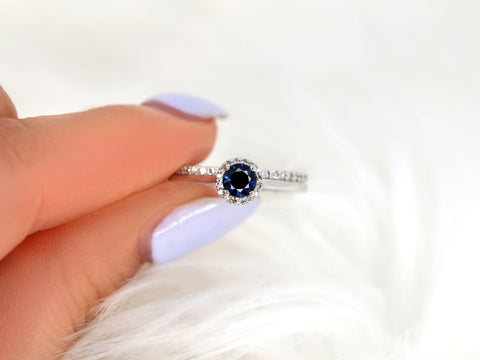 0.52ct Ready to Ship Amerie & Amanda 14k White Gold Blue Sapphire Diamond Dainty Round Halo Bridal Set - Rosados Box