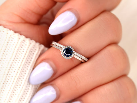 0.52ct Ready to Ship Amerie & Amanda 14k White Gold Blue Sapphire Diamond Dainty Round Halo Bridal Set - Rosados Box