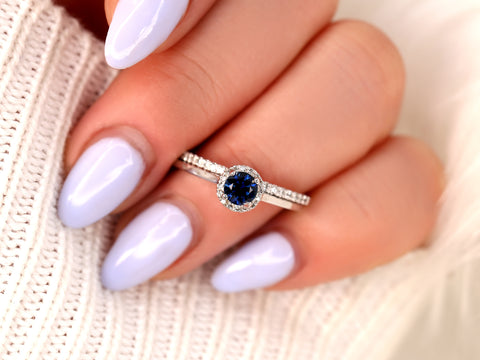 0.52ct Ready to Ship Amerie & Amanda 14k White Gold Blue Sapphire Diamond Dainty Round Halo Bridal Set - Rosados Box