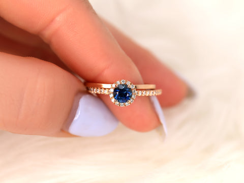 0.63ct Ready to Ship Amanda & Plain Barra 14k Rose Gold Blue Sapphire Diamond Pave Round Halo Bridal Set