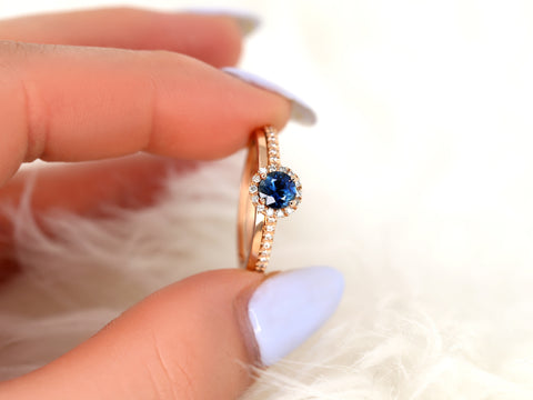 0.63ct Ready to Ship Amanda & Plain Barra 14k Rose Gold Blue Sapphire Diamond Pave Round Halo Bridal Set