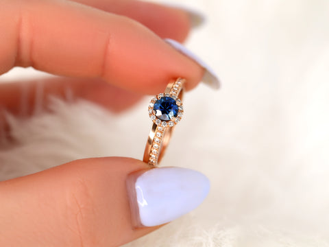 0.63ct Ready to Ship Amanda & Plain Barra 14k Rose Gold Blue Sapphire Diamond Pave Round Halo Bridal Set