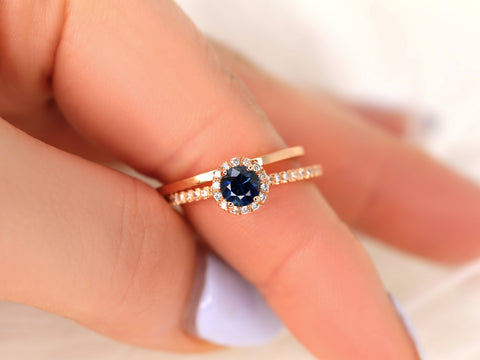 0.63ct Ready to Ship Amanda & Plain Barra 14k Rose Gold Blue Sapphire Diamond Pave Round Halo Bridal Set