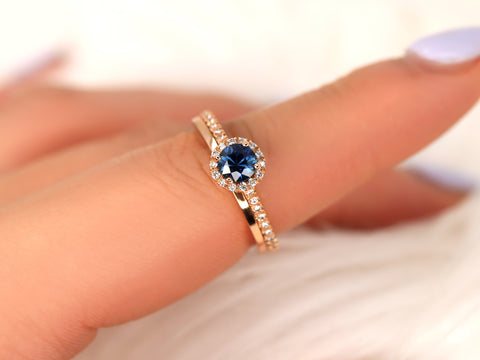 0.63ct Ready to Ship Amanda & Plain Barra 14k Rose Gold Blue Sapphire Diamond Pave Round Halo Bridal Set