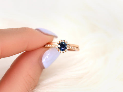 0.63ct Ready to Ship Amanda & Plain Barra 14k Rose Gold Blue Sapphire Diamond Pave Round Halo Bridal Set