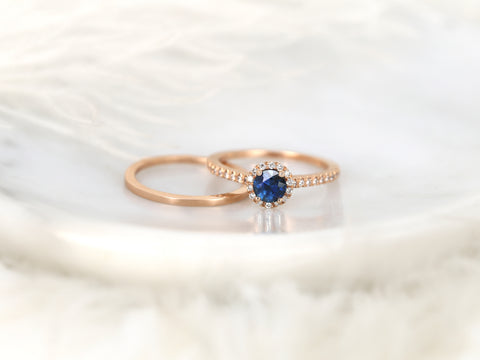 0.63ct Ready to Ship Amanda & Plain Barra 14k Rose Gold Blue Sapphire Diamond Pave Round Halo Bridal Set