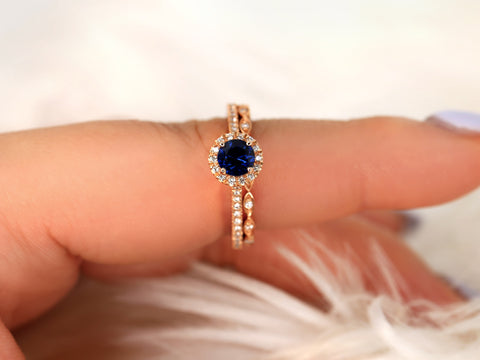 0.63ct Ready to Ship Kubian 0.63cts & Ultra Petite Leah 14kt Rose Gold Blue Sapphire Diamond Art Deco Halo Bridal Set