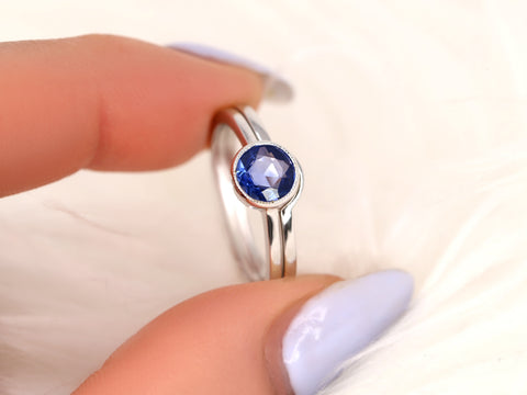 0.74cts Ready to Ship Ida 14kt White Gold Rose Cut Blue Sapphire Bezel Bridal Set