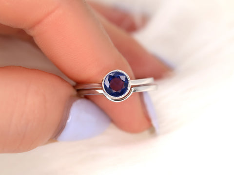 0.74cts Ready to Ship Ida 14kt White Gold Rose Cut Blue Sapphire Bezel Bridal Set