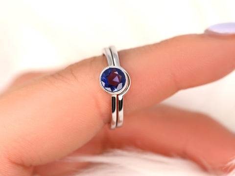 0.74cts Ready to Ship Ida 14kt White Gold Rose Cut Blue Sapphire Bezel Bridal Set