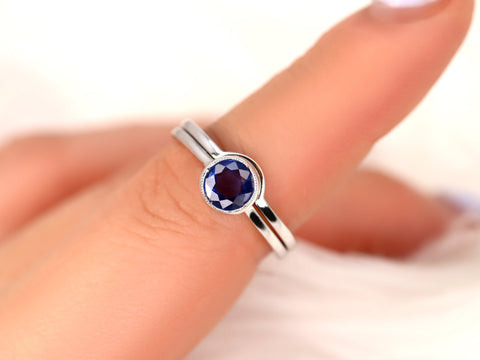 0.74cts Ready to Ship Ida 14kt White Gold Rose Cut Blue Sapphire Bezel Bridal Set