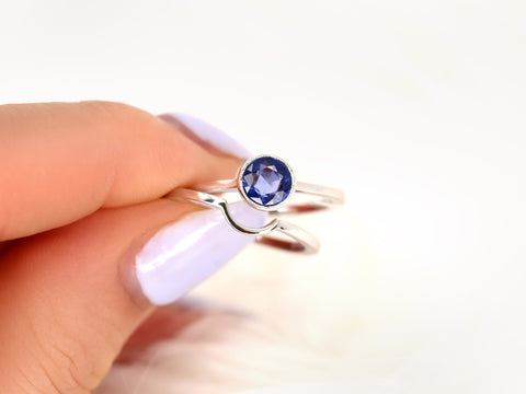 0.74cts Ready to Ship Ida 14kt White Gold Rose Cut Blue Sapphire Bezel Bridal Set