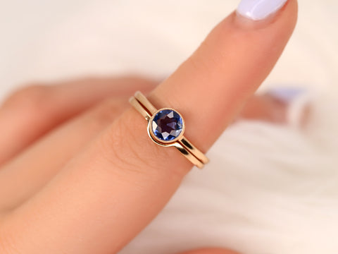 0.88ct Ready to Ship Ida 14kt Rose Gold Rose Cut Blue Sapphire Round Bezel Bridal Set - Rosados Box