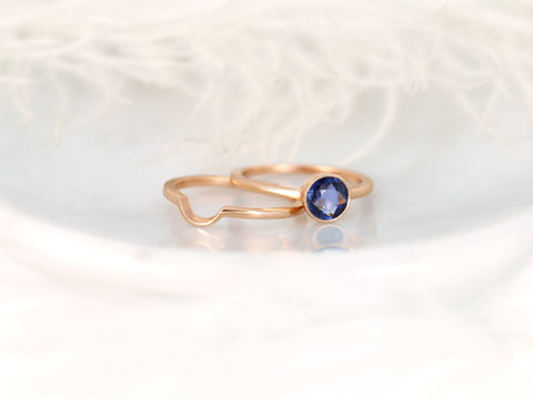 0.88ct Ready to Ship Ida 14kt Rose Gold Rose Cut Blue Sapphire Round Bezel Bridal Set - Rosados Box