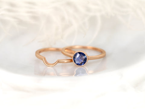 0.88ct Ready to Ship Ida 14kt Rose Gold Rose Cut Blue Sapphire Round Bezel Bridal Set - Rosados Box