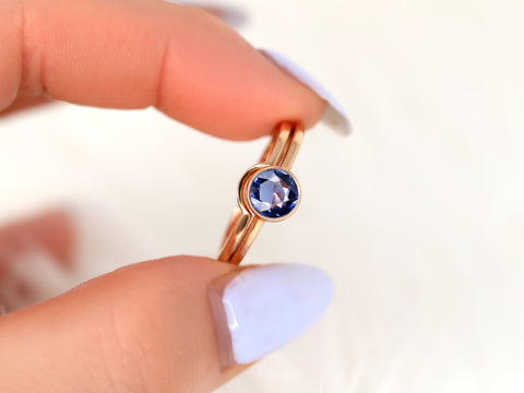 0.88ct Ready to Ship Ida 14kt Rose Gold Rose Cut Blue Sapphire Round Bezel Bridal Set - Rosados Box