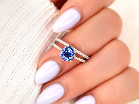 1.64ct Ready to Ship Eloise 14kt White Gold Cornflower Blue Sapphire Diamonds Round Solitaire Bridal Set