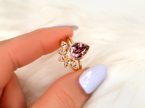 3.44ct Ready to Ship Isla & Petunia 14kt Rose Gold Pear Raspberry Zircon Bezel Petal Bridal Set - Rosados Box