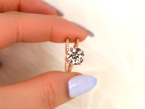 3.93ct Ready to Ship Eloise 14kt Rose Gold Champagne Cognac Zircon Diamonds Dainty Round Solitaire Accent Bridal Set - Rosados Box