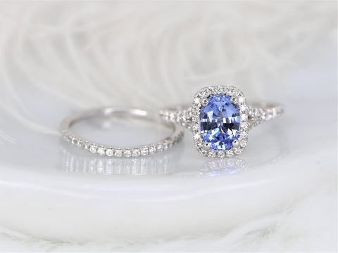 2.12ct Ready to Ship Avery 14kt White Gold Indigo Cornflower Sapphire Diamond Mermaid Split Cushion Halo Bridal Set - Rosados Box