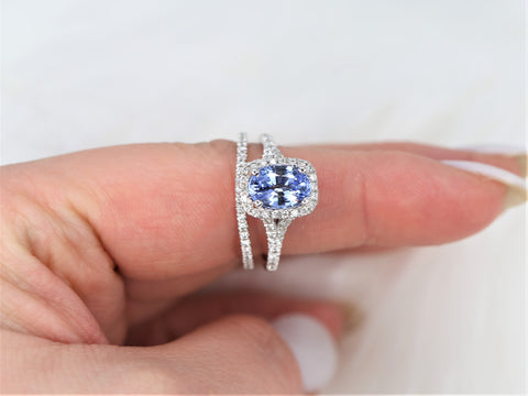 2.12ct Ready to Ship Avery 14kt White Gold Indigo Cornflower Sapphire Diamond Mermaid Split Cushion Halo Bridal Set - Rosados Box