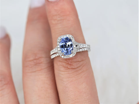 2.12ct Ready to Ship Avery 14kt White Gold Indigo Cornflower Sapphire Diamond Mermaid Split Cushion Halo Bridal Set - Rosados Box