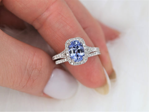 2.12ct Ready to Ship Avery 14kt White Gold Indigo Cornflower Sapphire Diamond Mermaid Split Cushion Halo Bridal Set - Rosados Box