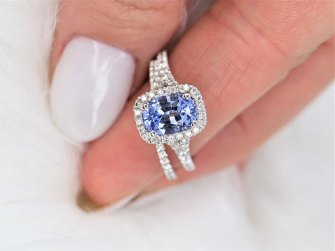 2.12ct Ready to Ship Avery 14kt White Gold Indigo Cornflower Sapphire Diamond Mermaid Split Cushion Halo Bridal Set - Rosados Box