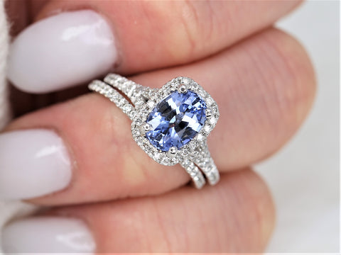 2.12ct Ready to Ship Avery 14kt White Gold Indigo Cornflower Sapphire Diamond Mermaid Split Cushion Halo Bridal Set - Rosados Box