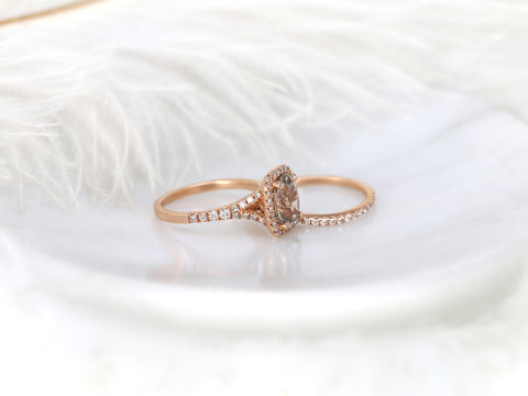 2.70ct Ready to Ship Avery 14kt Rose Gold Champagne Sapphire Diamonds Mermaid Dainty Split Cushion Halo Bridal Set - Rosados Box