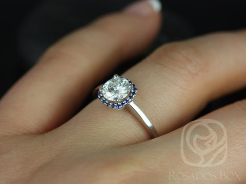 0.75ct Ready to Ship Bella 6mm 14kt FB Moissanite Blue Sapphire Cushion Halo Ring - Rosados Box