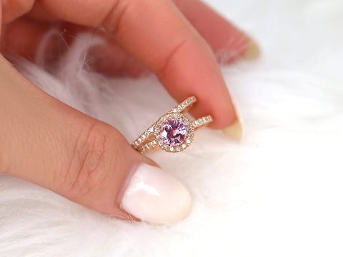 1.31ct Ready to Ship Callie 14kt Rose Gold Padparadscha Sapphire Diamonds Dainty Round Halo Bridal Set - Rosados Box