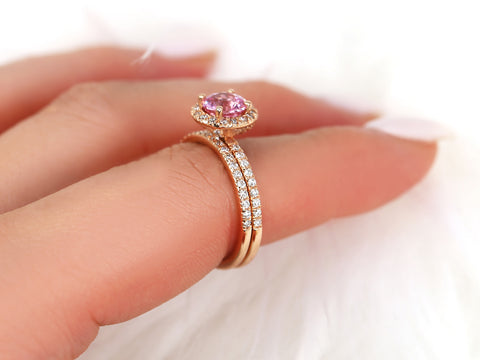 1.31ct Ready to Ship Callie 14kt Rose Gold Padparadscha Sapphire Diamonds Dainty Round Halo Bridal Set - Rosados Box