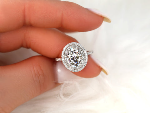 3ct Cara 10x8mm 14kt Gold Moissanite Diamonds Dainty Oval Double Halo Ring