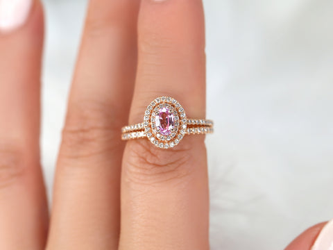 Cara 6x4mm 14kt Rose Gold Raspberry Peach Sapphire Diamonds Double Oval Halo Bridal Set - Rosados Box