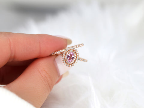 Cara 6x4mm 14kt Rose Gold Raspberry Peach Sapphire Diamonds Double Oval Halo Bridal Set - Rosados Box