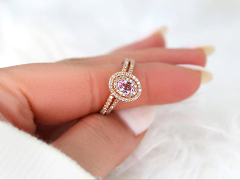 Cara 6x4mm 14kt Rose Gold Raspberry Peach Sapphire Diamonds Double Oval Halo Bridal Set - Rosados Box