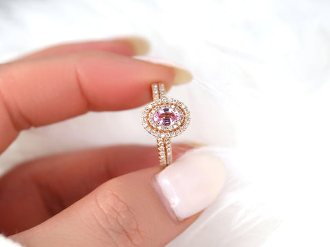 Cara 6x4mm 14kt Rose Gold Raspberry Peach Sapphire Diamonds Double Oval Halo Bridal Set - Rosados Box