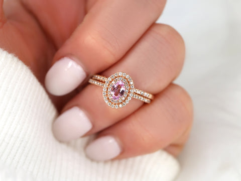 Cara 6x4mm 14kt Rose Gold Raspberry Peach Sapphire Diamonds Double Oval Halo Bridal Set - Rosados Box