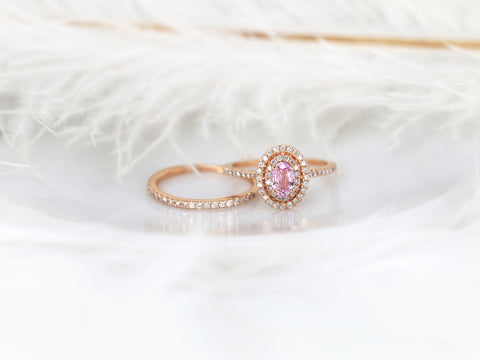 Cara 6x4mm 14kt Rose Gold Raspberry Peach Sapphire Diamonds Double Oval Halo Bridal Set - Rosados Box