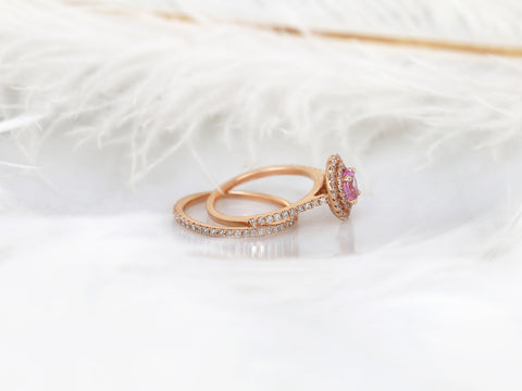 Cara 6x4mm 14kt Rose Gold Raspberry Peach Sapphire Diamonds Double Oval Halo Bridal Set - Rosados Box