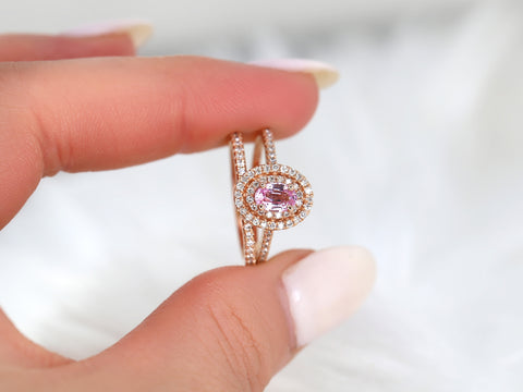 Cara 6x4mm 14kt Rose Gold Raspberry Peach Sapphire Diamonds Double Oval Halo Bridal Set - Rosados Box