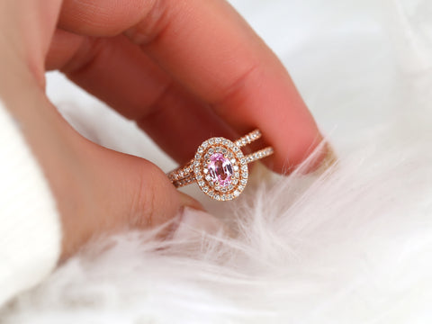 Cara 6x4mm 14kt Rose Gold Raspberry Peach Sapphire Diamonds Double Oval Halo Bridal Set - Rosados Box